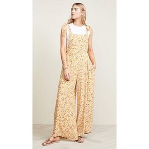 Free People Women's Sugar Sands Jumpsuit Yellow Tie Strap Wide Leg Size Medium